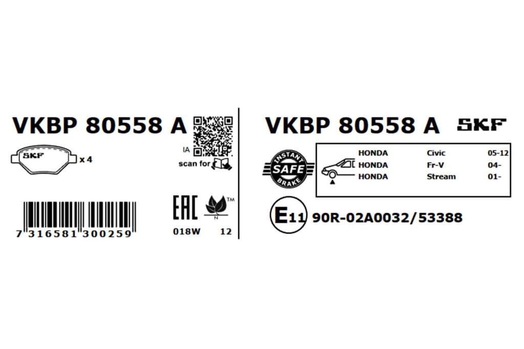 Jogo de 4 pastilhas de travão SKF ref. VKBP 80558 A